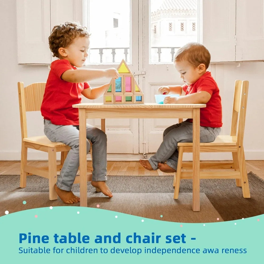 Juego de mesa y sillas de madera maciza para niños, estable y resistente, juego de mesa y 2 sillas para niños pequeños para artes, manualidades, lectura y preescolar