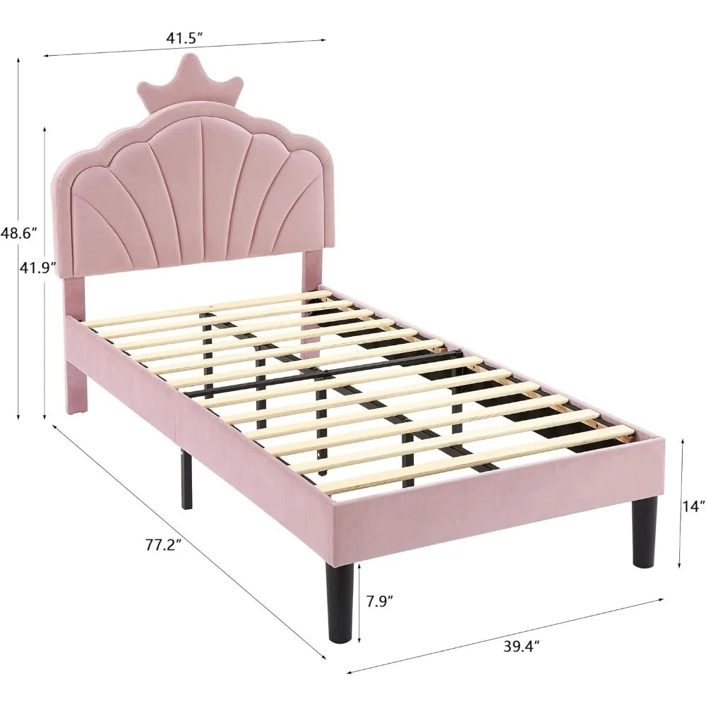 Cadre de lit double rembourré avec tête de lit, plate-forme solide avec couronne pour enfants filles, support à lattes en bois