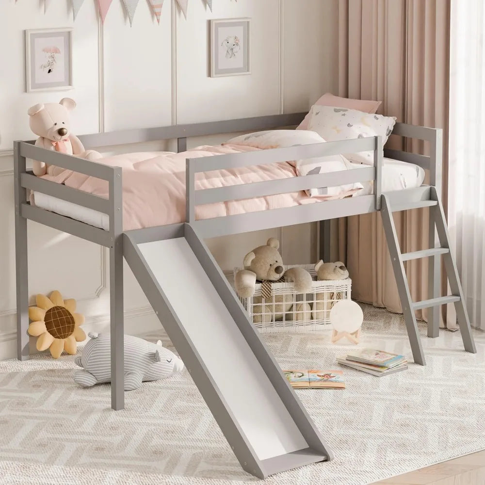 Lit mezzanine double, lit mezzanine pour tout-petit avec toboggan, échelle d'escalade et barrière de sécurité, espace de rangement inférieur pour tout-petits