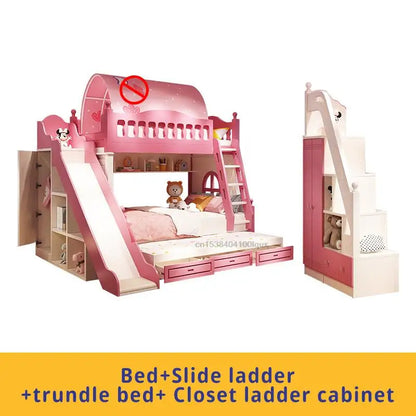 Loft Bed With Drawers Creative And Lovely Pink Two-Story Furniture For Girls From 5 To 8 Years Old Fashion Hot Sale Kids Beds