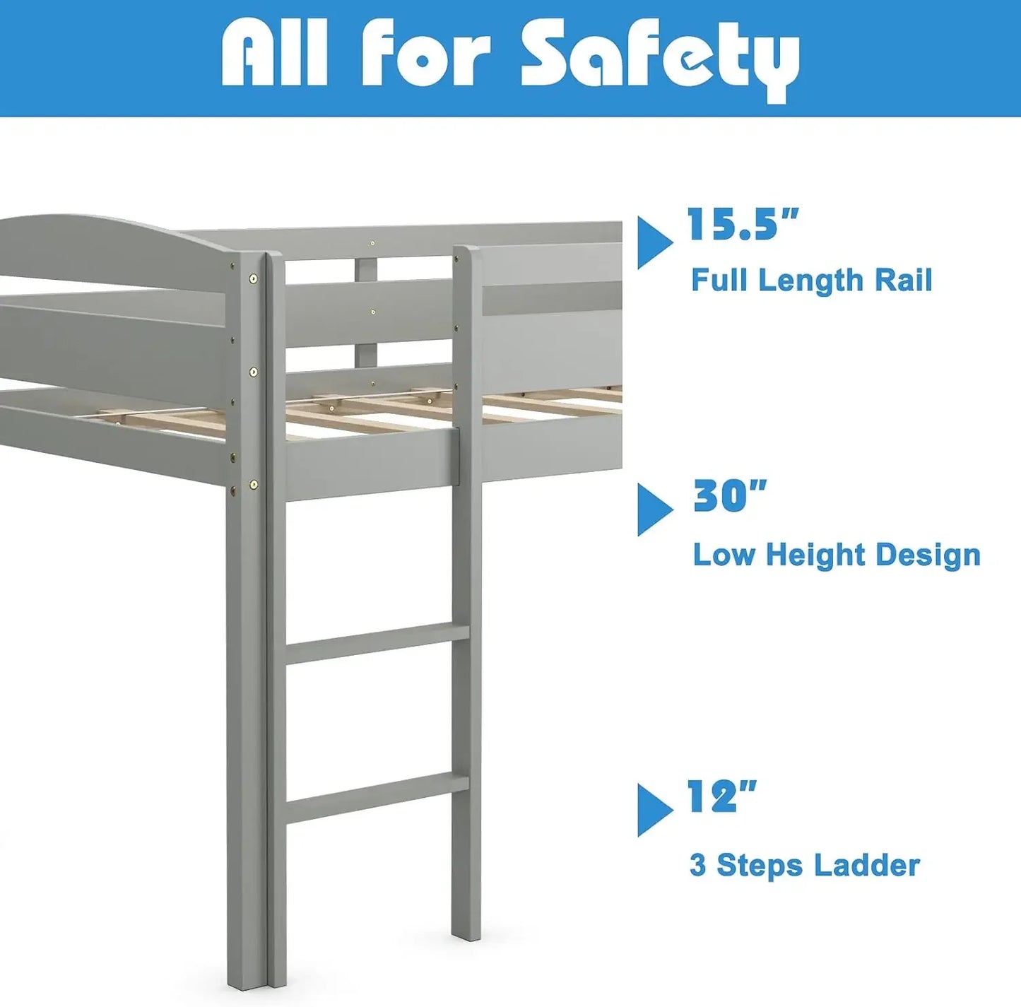 Lit mezzanine bas en bois avec garde-corps et échelle, lit simple pour garçons et filles pour chambre d'enfants, pas besoin de sommier, mezzanine basse classique pour enfants