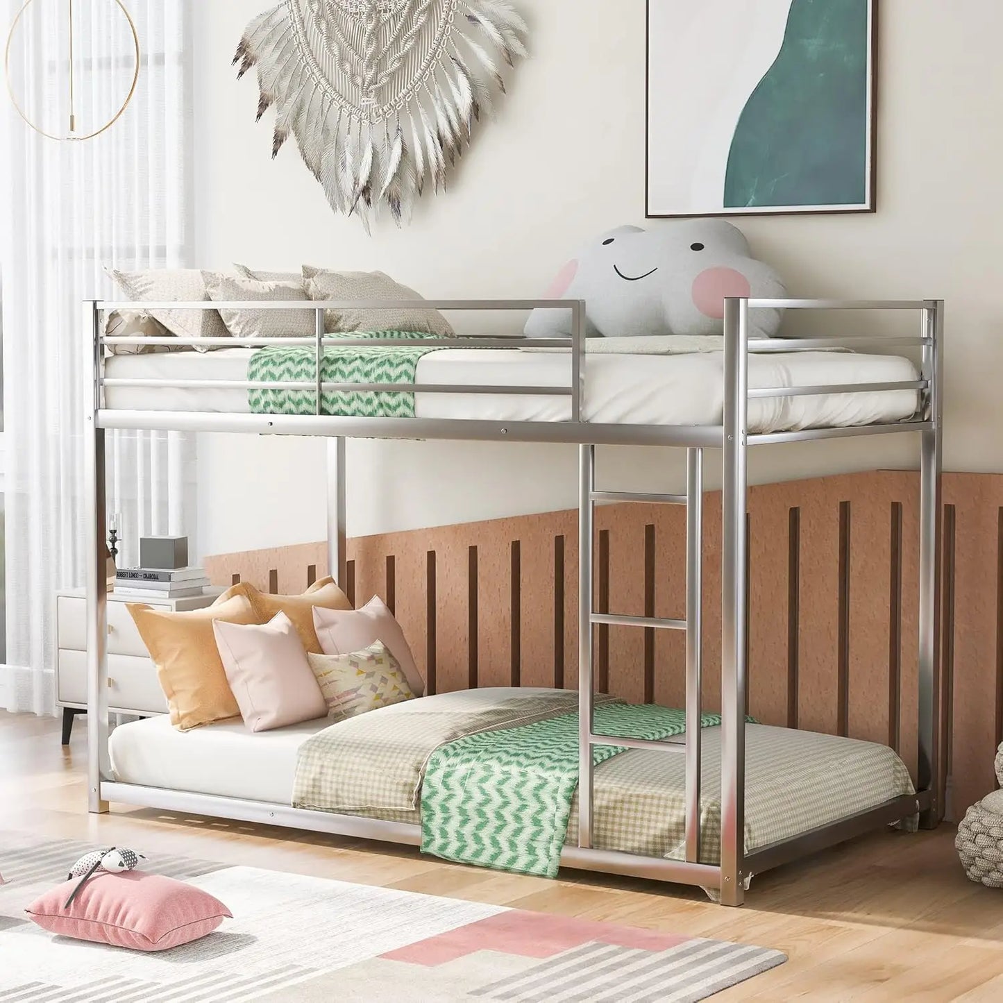 Low Metal Bunk Beds for Kids Twin Over Twin Bunk Beds with Built-in Ladder (Twin Over Twin, Silver)