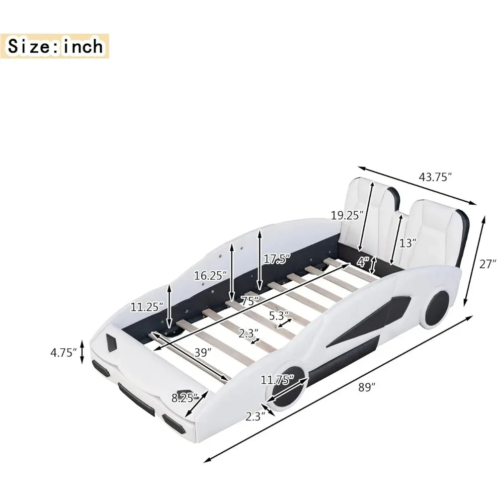 Twin Size Car Bed,Race Car-Shaped Platform Wooden Bedframe with Wheels & Both Sides,Slat Support,Children Beds Furniture