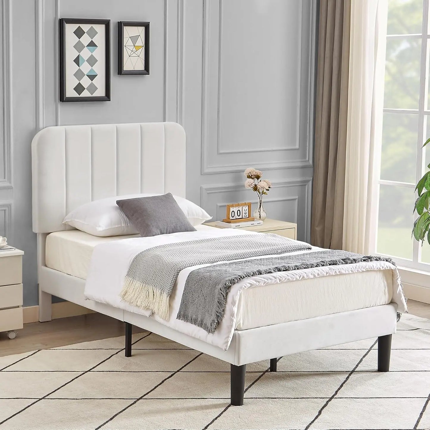 Twin Size Upholstered Bed Frame with Adjustable Headboard, Velvet Platform Bedframe Mattress Foundation, Strong Wood Slat Suppor