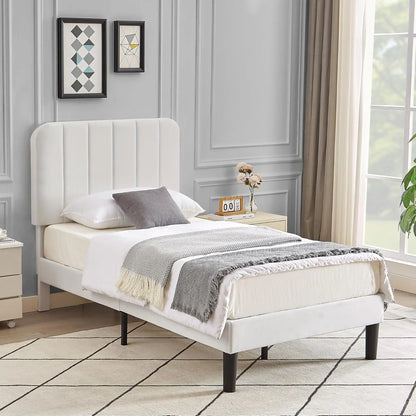 Twin Size Upholstered Bed Frame with Adjustable Headboard, Velvet Platform Bedframe Mattress Foundation, Strong Wood Slat Suppor