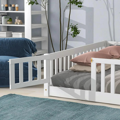 Queen Size Floor Bed Frame for Toddler Wood Montessori Beds with Fence Railings Kids, Fun Toddlers Boys Girls, White