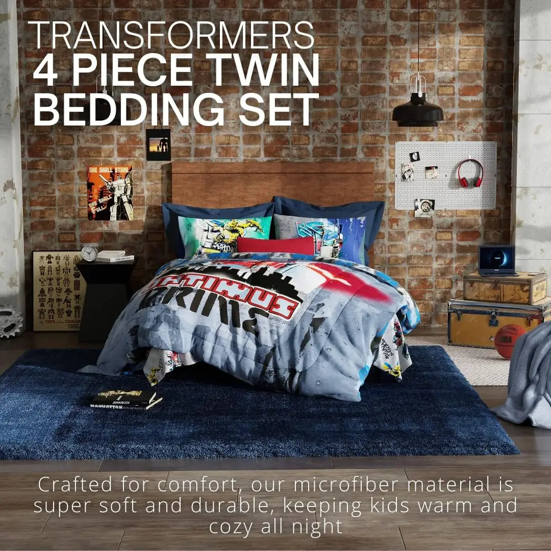 Ensemble de couette et de draps super doux pour enfants Optimus Prime Transformers Battle in Brooklyn avec taie d'oreiller, 4 pièces, taille double, (Livre officiel