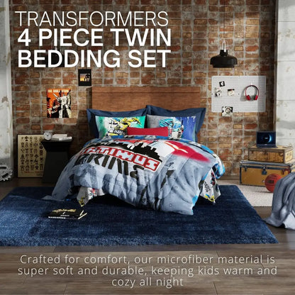 Ensemble de couette et de draps super doux pour enfants Optimus Prime Transformers Battle in Brooklyn avec taie d'oreiller, 4 pièces, taille double, (Livre officiel