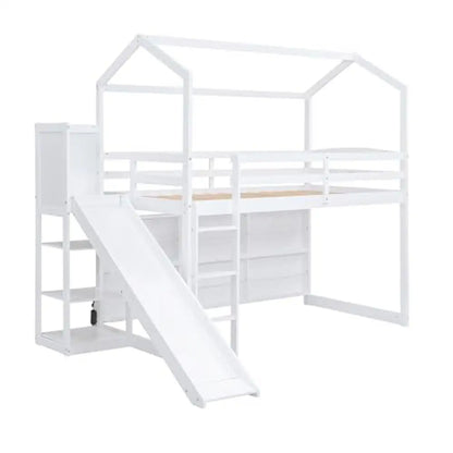 Kids Twin House Loft Bed with Slide Storage Shelves and LED Light Wood Low Loft Bed Guardrail Ladder Playhouse Creative Design