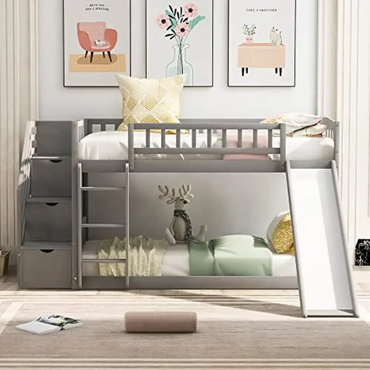 Lit superposé bas en bois avec toboggan, rangement, escalier, échelle, gris, lit simple sur lit simple, meubles pour enfants, moderne, sans caisson, broches