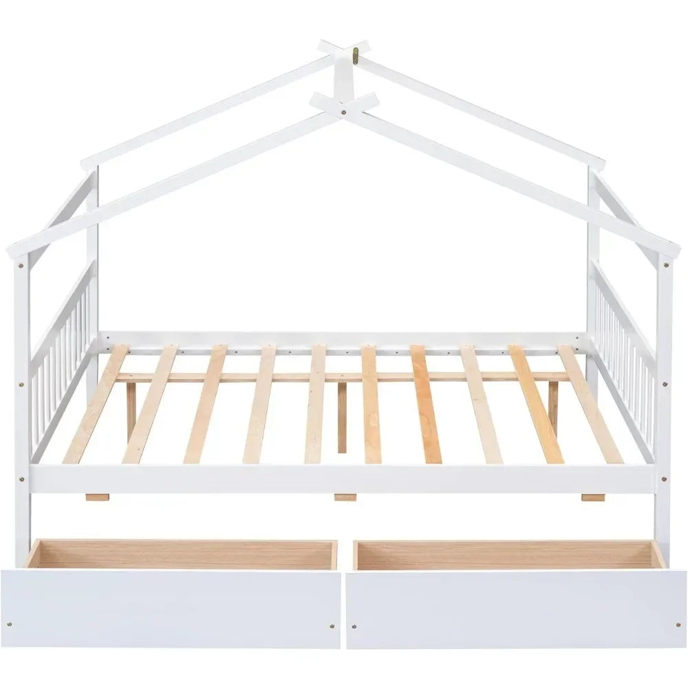 Cama de madera tamaño completo Merax con dos cajones, estructura de cama de madera con techo para niños, adolescentes, niños o niñas, color blanco