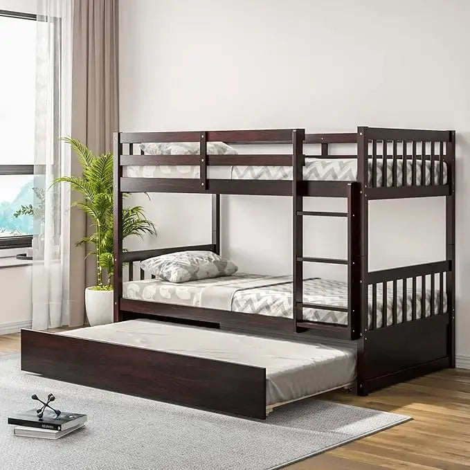 Wood Bunk Bed Twin Over Twin, Bunk Bed with Ladder & Safety Guardrail, Solid Wood Bed Frame, Ideal Multiple-Child Family, Beds