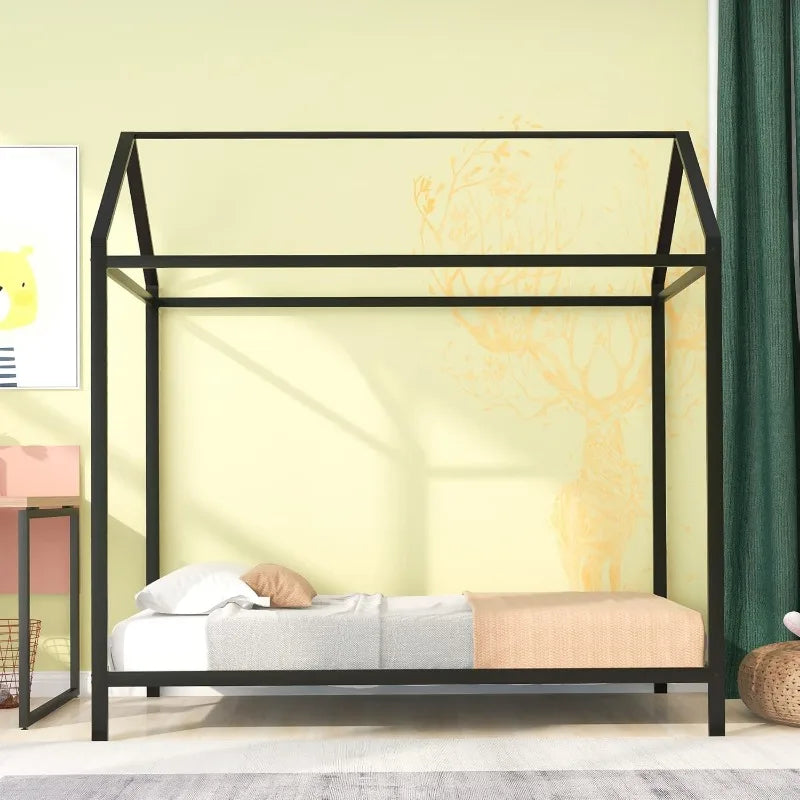 Kids Twin Metal House Bed, Low Montessori Daybed for Boys,Girls, No Box Spring Needed, Noise Free