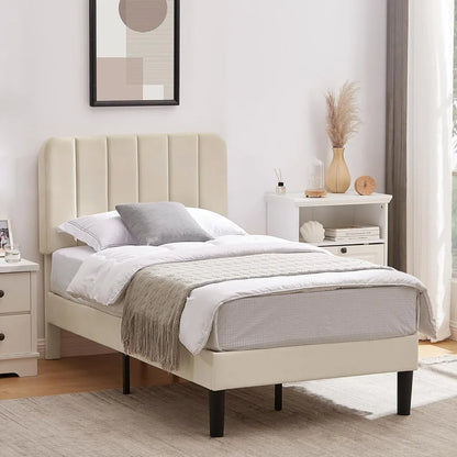 Twin Size Upholstered Bed Frame with Adjustable Headboard, Velvet Platform Bedframe Mattress Foundation, Strong Wood Slat