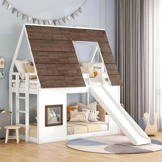 Twin Over Twin House Bunk Bed with Roof and Window Wood Low Bunk Bed with Slide and Built-in Ladder Kids Bunk Bed Frame