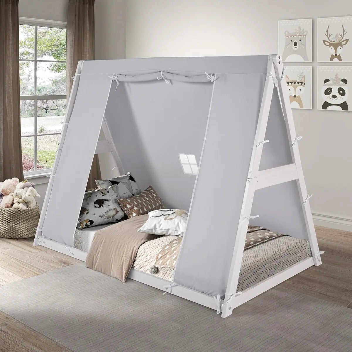 Nueva cama de piso con dos camas individuales en forma de carpa: estructura natural o blanca, carpa gris, muebles para dormitorio infantil... (estructura blanca)