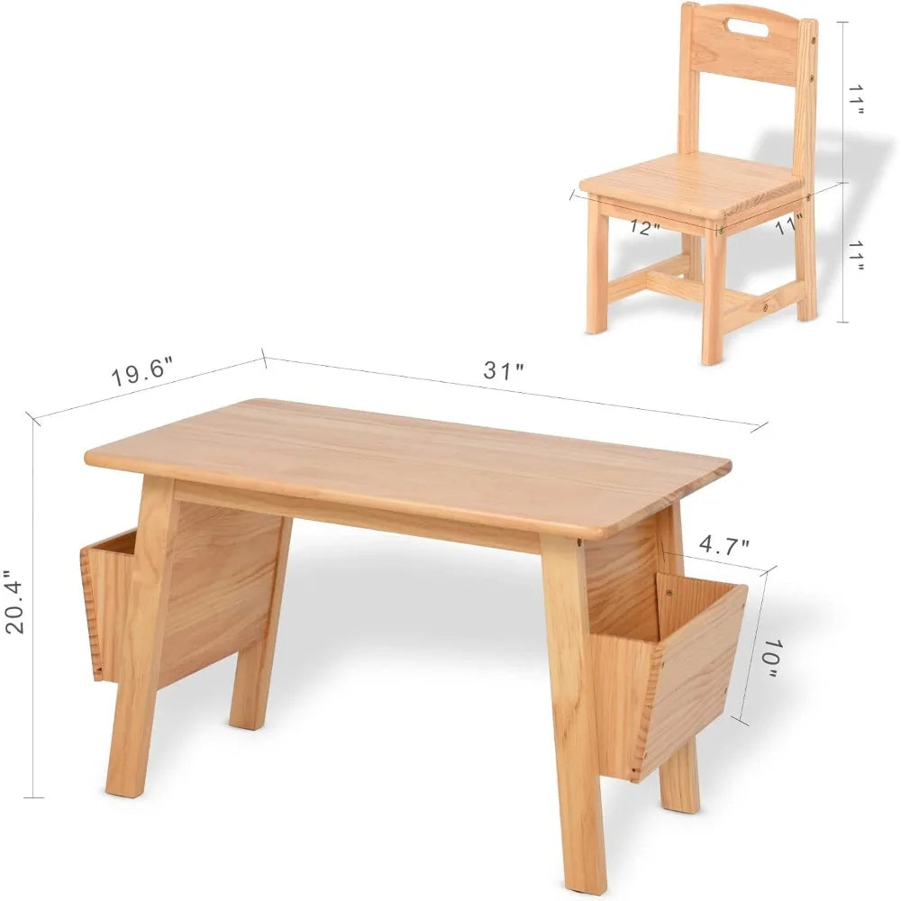 Juego de mesa y 2 sillas de madera maciza KRAND Kids con almacenamiento Juego de escritorio y silla para niños pequeños Mesa de actividades (madera maciza)