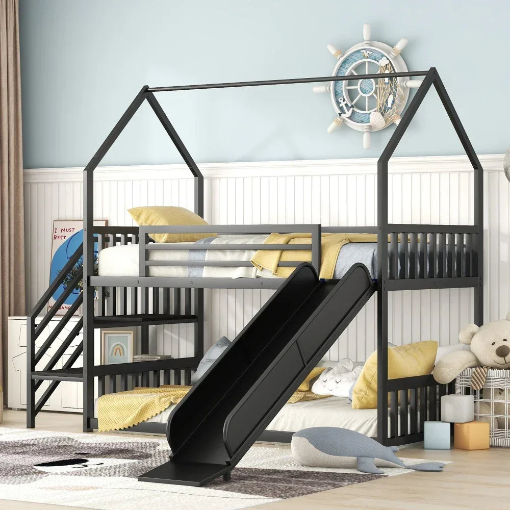 Literas de metal de tamaño doble, cama tipo casa con tobogán y escalera, literas negras con tobogán, literas para niños, cama para niños