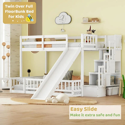 Twin Over Full Bunk Bed with Storage Stairs and Slide, Multifunctional Wood Bed with Guardrails and Bottom Door for Kids, White