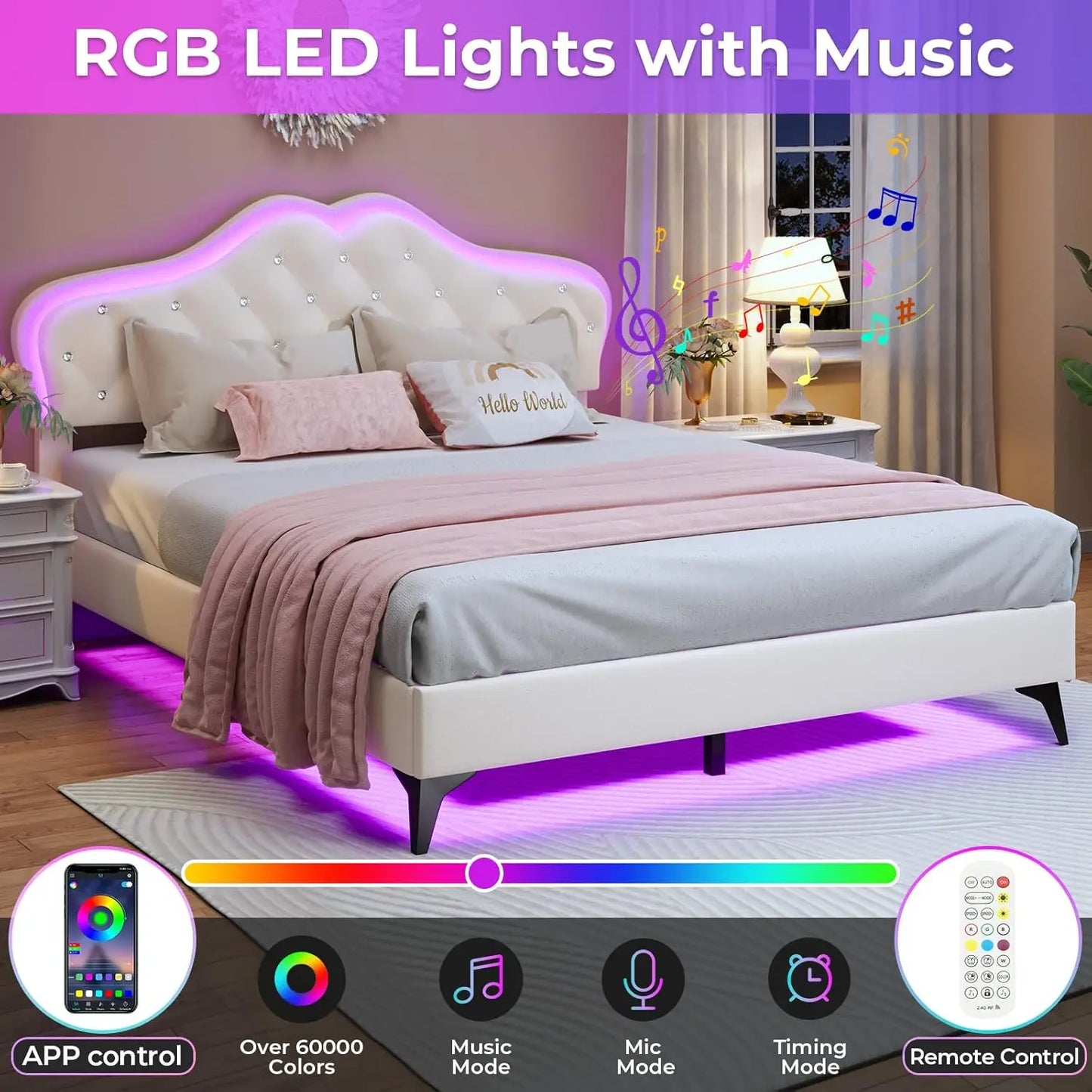 Cadre de lit rembourré avec lumières LED, tête de lit réglable avec bouton en cristal, lit plateforme princesse pour filles, Soli