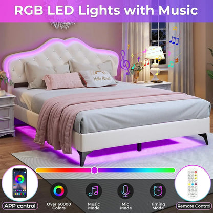 Size Upholstered Bed Frame with LED Lights, Adjustable Headboard with Crystal Button, Princess Platform Bed for Girls, Soli