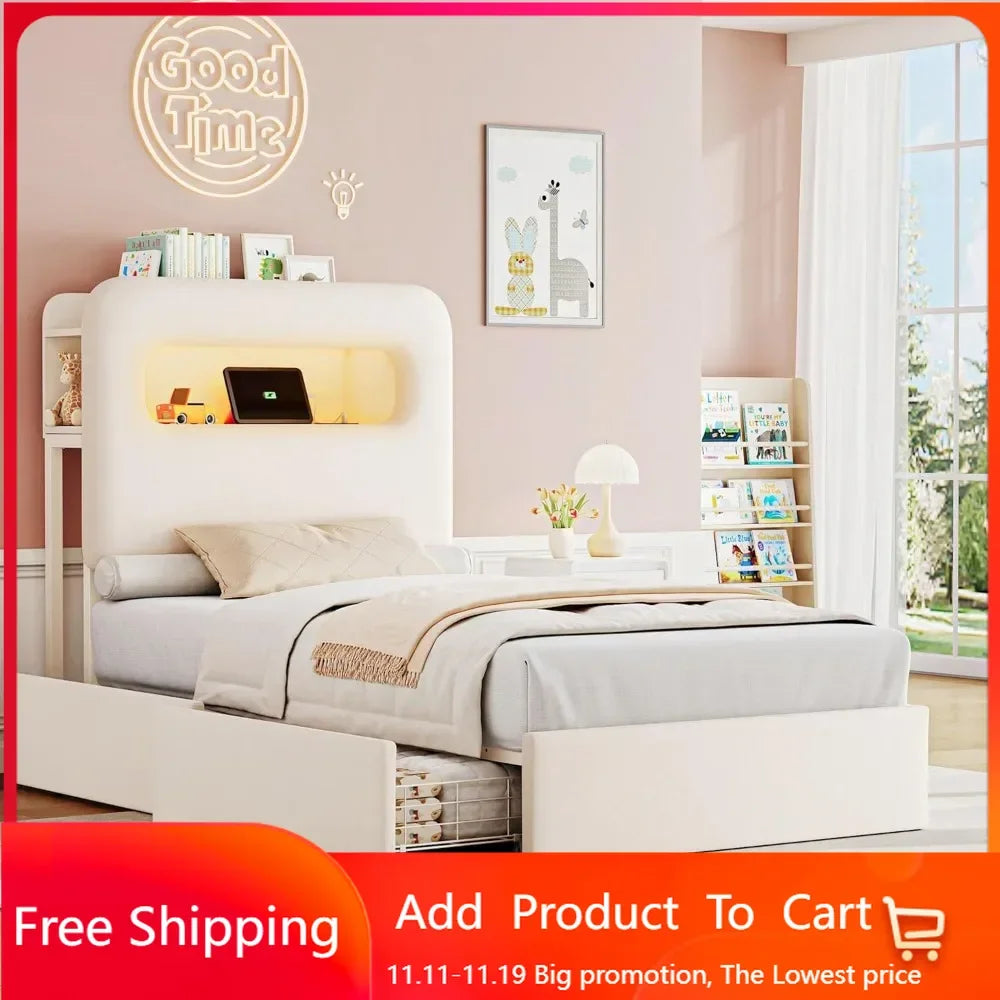 Twin LED Bed Frame with Storage Headboard and Charging Station, Kids Bed Frame with 2 Drawers and USB Ports