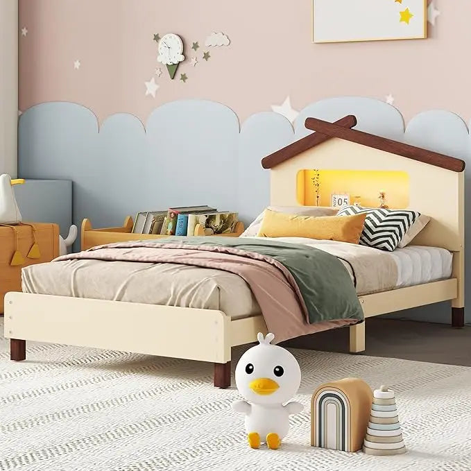 Marco de cama para niños de madera color crema, tamaño doble, cabecero en forma de casa con luces nocturnas activadas por movimiento, capacidad de 200 lb, marco de cama para niños