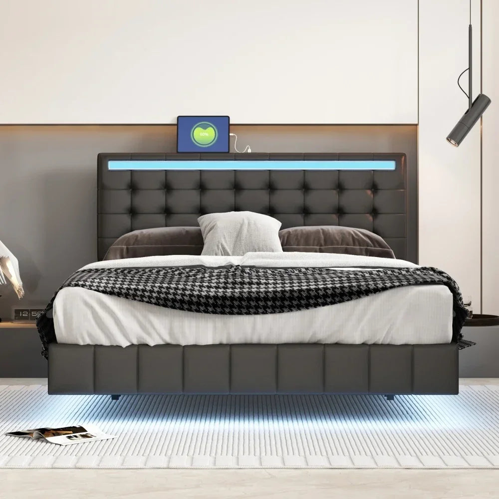 Cadre de lit flottant Queen Size avec lumières LED et chargement USB, cadre de lit à plate-forme rembourré moderne à LED, conception sans bruit