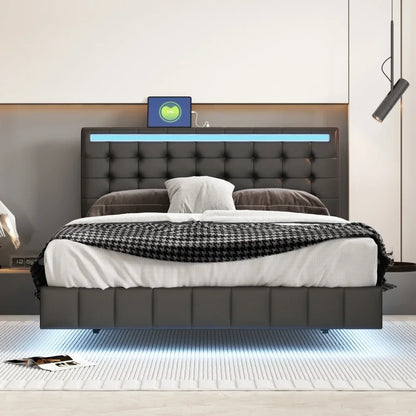 Queen Size Floating Bed Frame with LED Lights and USB Charging,Modern Upholstered Platform LED Bed Frame No-Noise Design