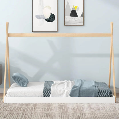 Cama tipi de madera de tamaño doble para niños, estructura de cama estilo Montessori con forma de casa para niños, niñas y adolescentes, se requiere somier