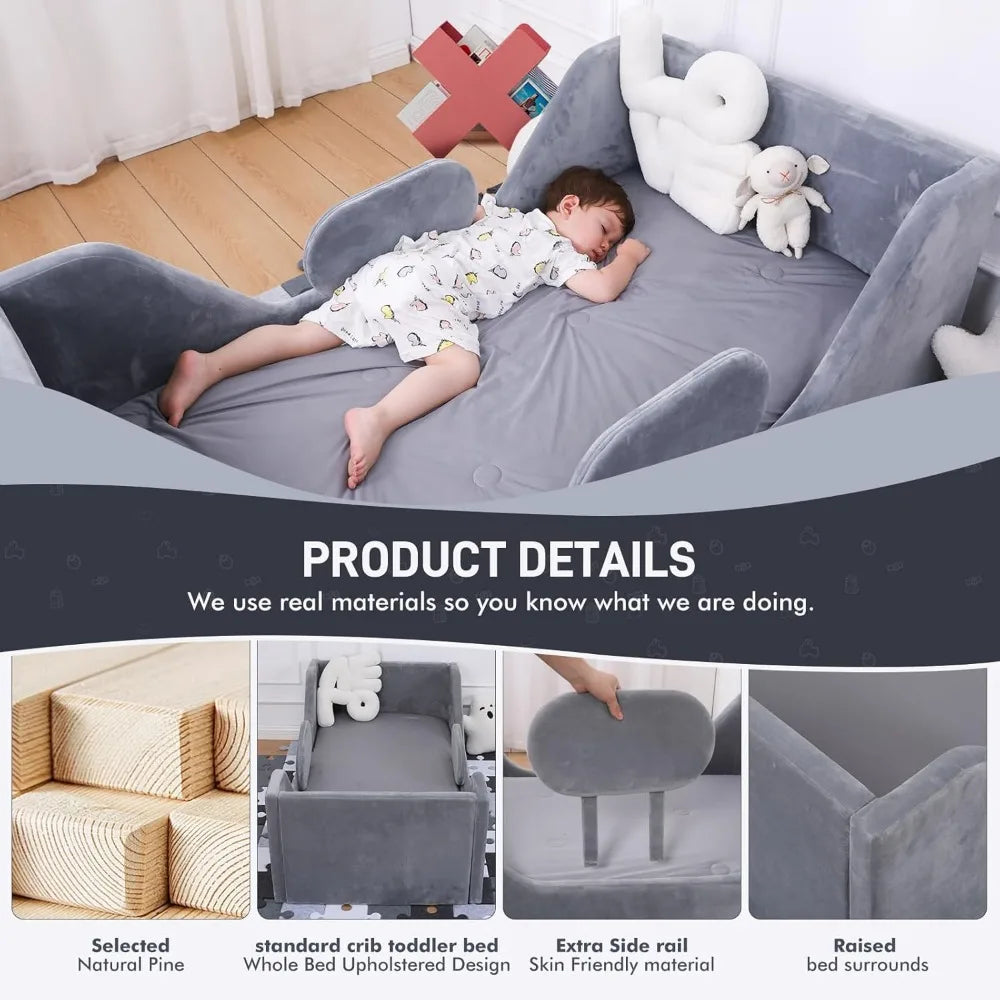 Cama de piso para niños pequeños, cama para niños con ancho extra de seguridad, cama para niños de tamaño cuna estándar, camas para niños de tela certificadas