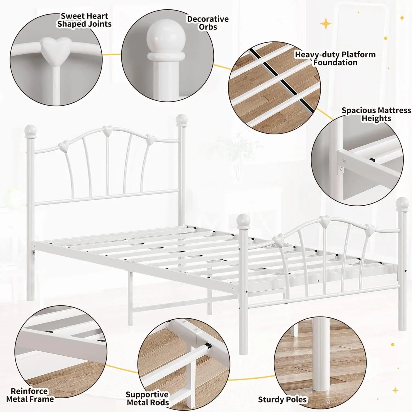 Twin Bed Frame for Kids Twin Bed Frame with Heart Shaped Headboard and Tailboard Heavy Metal Slat Support Noiseless White