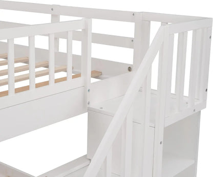 Stairway Full Over Full Bunk Bed with Stairs and Storage Drawers Solid Wood Convertible Bunkbed Separated Into 2 Bedframe