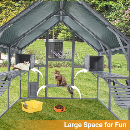 Large Cat Run Large Cat Enclosure Wooden Cat Catio Indoor/Outdoor Kitty House with Bridges Walks Small Houses Roof Cover 110Inch