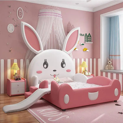 Cama de princesa rosa para niños de 3 a 16 años, muebles de madera maciza, linda cama con forma de conejo para dormitorio de niña con barandilla