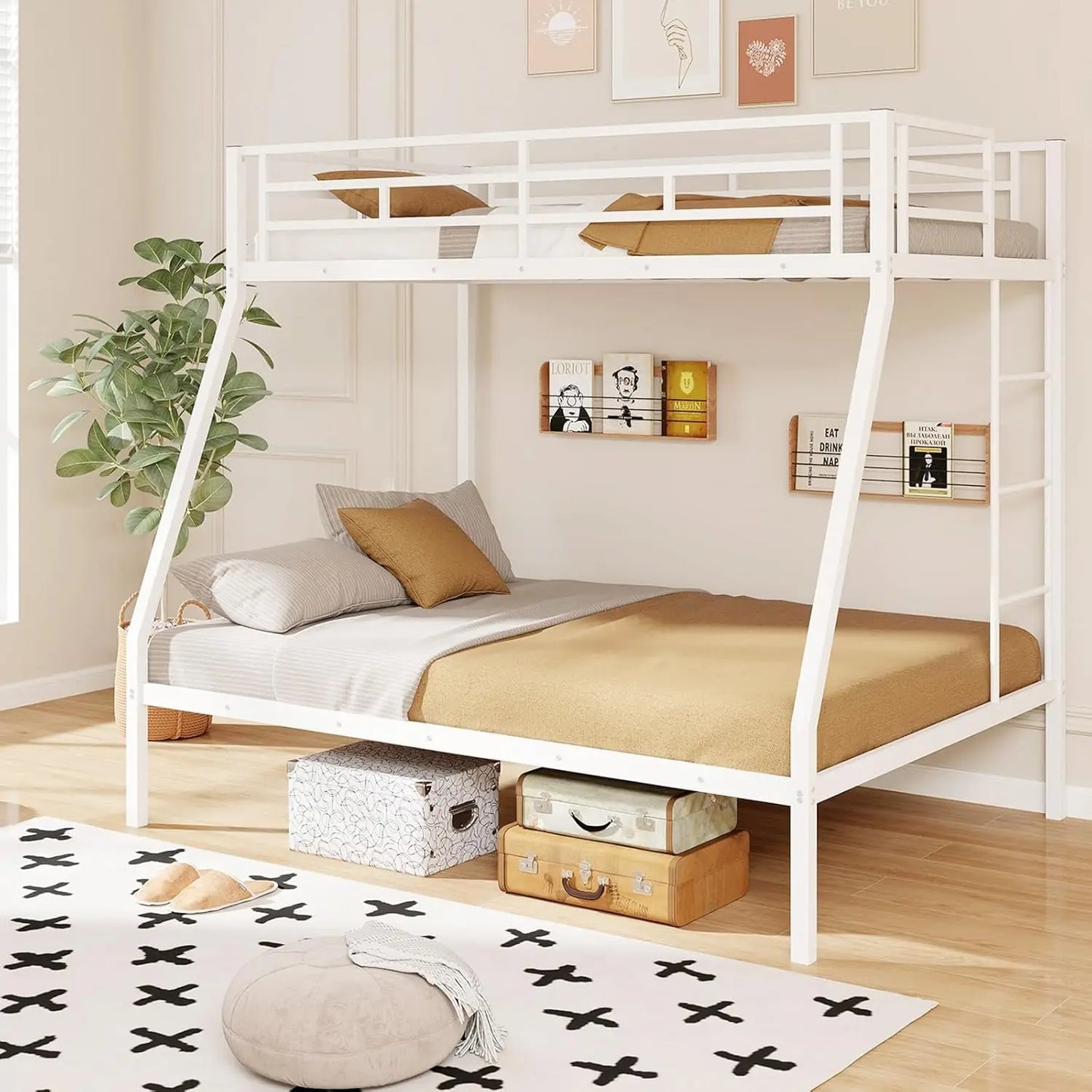 Twin Over Full Bunk Bed,Bunk Bed Frame W/Ladders, Safety Rail , Bunk Bed for Kids Adults, Noise Free for Dormitory Bedroom,White