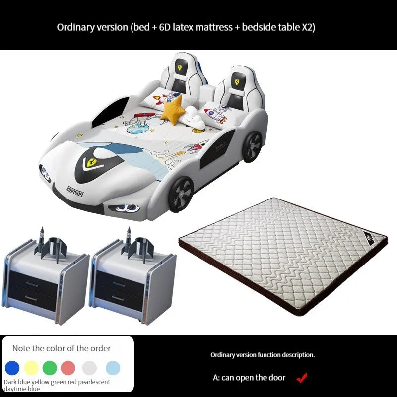 Cama infantil multifuncional con forma de coche para niños, marco de madera, dormitorio, cama versátil con dibujos animados y estilo con 2 mesitas de noche