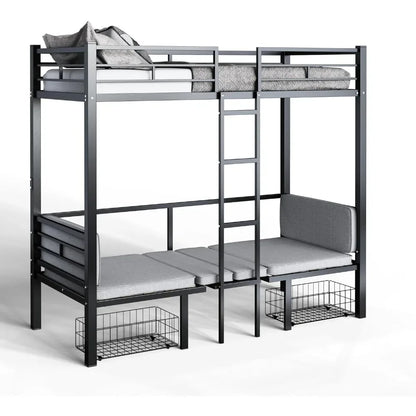 Triple Bunk Bed for 3 Kids Adults, Twin-Over-Twin-Over-Twin Sturdy Metal Bedframe w/Guardrail for Dorm, Bedroom, Guest Room