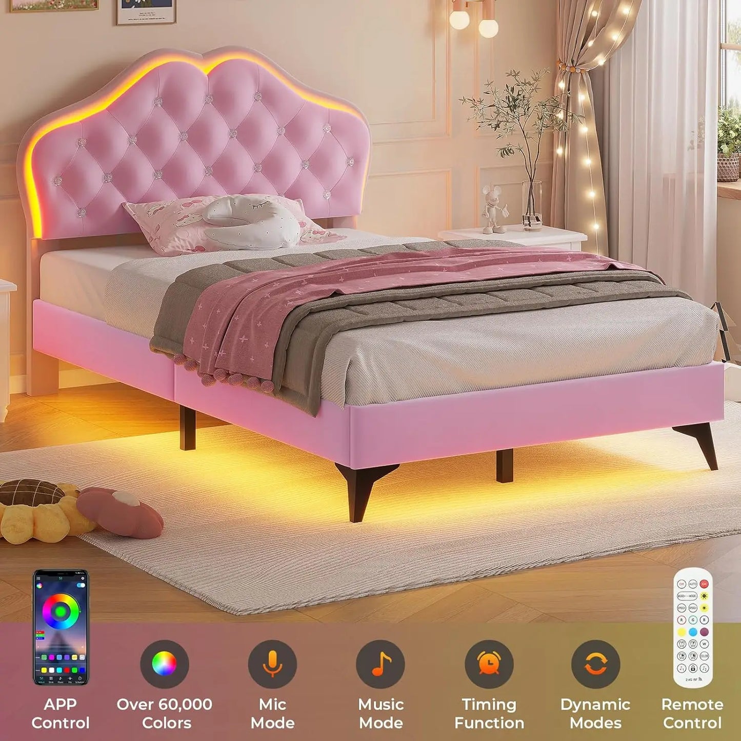 Twin Size Upholstered LED Bed Frame, Girls Twin Bed Frame with Adjustable Crystal Button Headboard, Velvet Princess Platform Bed