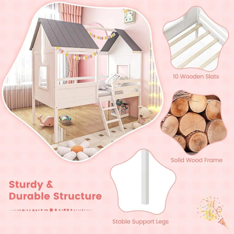 Twin House Bed Frame, Kids Low Loft Bed Frame with Roof, Side Windows & Ladder, Wooden Slatted Support Playhouse Bed for Girls,