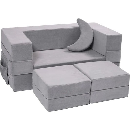 Canapé modulaire pour enfants, fauteuil en mousse pour tout-petits, ensemble de jeu de canapé convertible en peluche pour enfants, canapé-lit pliant (gris)