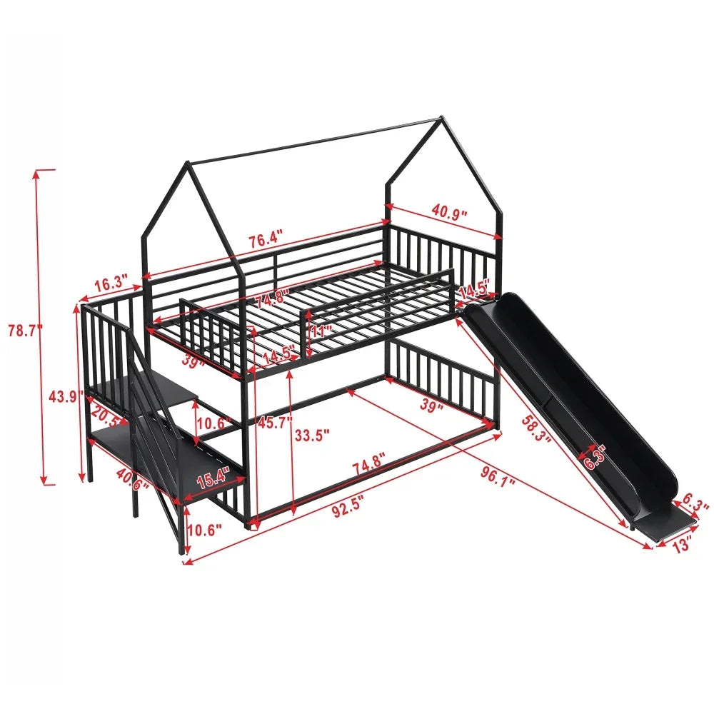 Literas de metal de tamaño doble, cama tipo casa con tobogán y escalera, literas negras con tobogán, literas para niños, cama para niños