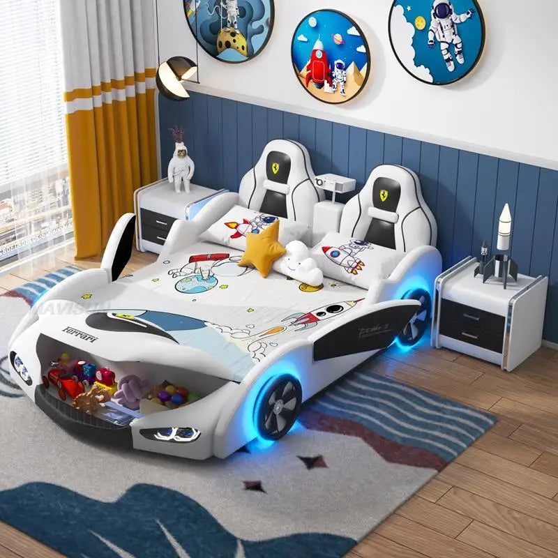 Cama infantil multifuncional con forma de coche para niños, marco de madera, dormitorio, cama versátil con dibujos animados y estilo con 2 mesitas de noche