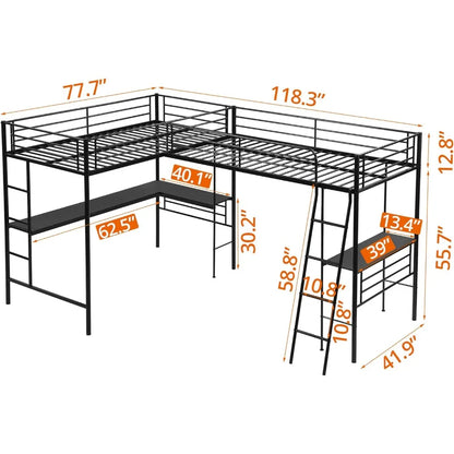 Twin Size L-Shaped Loft Bed with 2Built-in Desks,Metal Loft Corner Bed with 2 Ladders and Safety Guard Rail,Heavy-Duty Bunk Beds