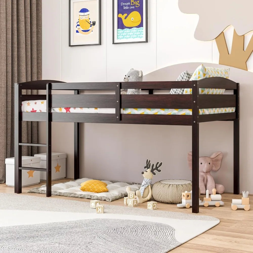 Lit mezzanine double, lit mezzanine bas en bois massif pour enfants avec échelle et barrières de sécurité, pas besoin de sommier, lit mezzanine peu encombrant