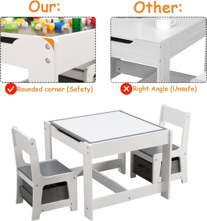 Table and Chair Set, 3 in 1 Wooden Activity Table with Storage Drawer for Toddlers Drawing, Reading, Crafts, Play, 2 in 1 Detach