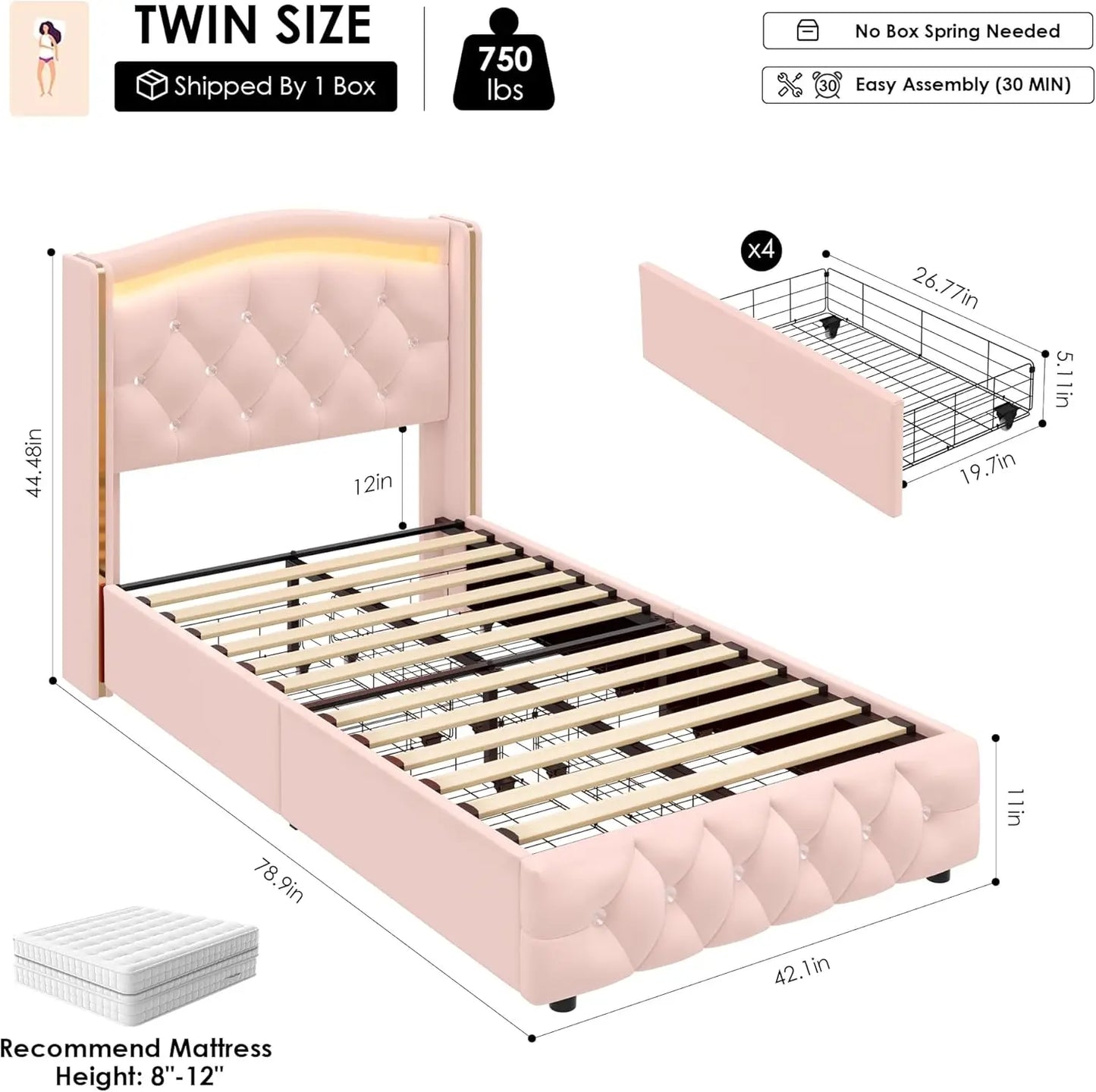 Cadre de lit double rembourré à LED avec tête de lit capitonnée à boutons en cristal et 4 tiroirs de rangement, plate-forme en velours pour lit double de taille princesse