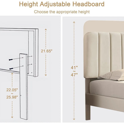 Twin Size Upholstered Bed Frame with Adjustable Headboard, Velvet Platform Bedframe Mattress Foundation, Strong Wood Slat