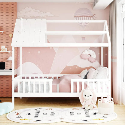 Cama doble tipo casa para niños, estructura de cama doble de madera con forma de casa, plataforma de cama con ventanas de techo y barandillas de seguridad de longitud completa