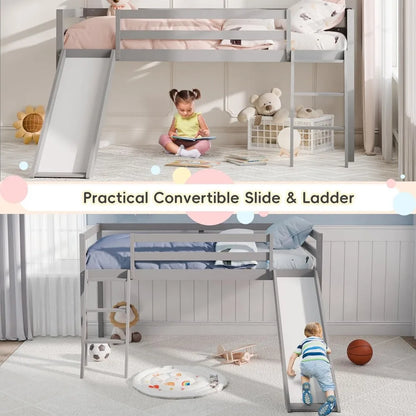 Cama alta doble, cama alta para niños pequeños con tobogán, escalera para trepar y barandilla de seguridad, espacio de almacenamiento inferior para niños pequeños